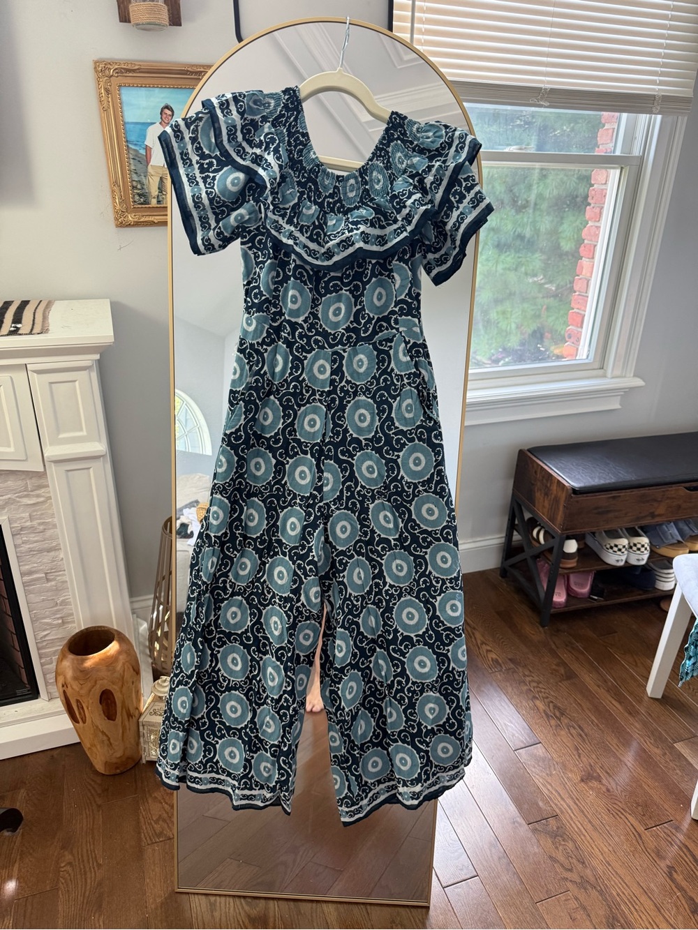 Kopal Suzani Off-Shoulder Floral Print Wide-Leg Jumpsuit in Teal and Navy Size S